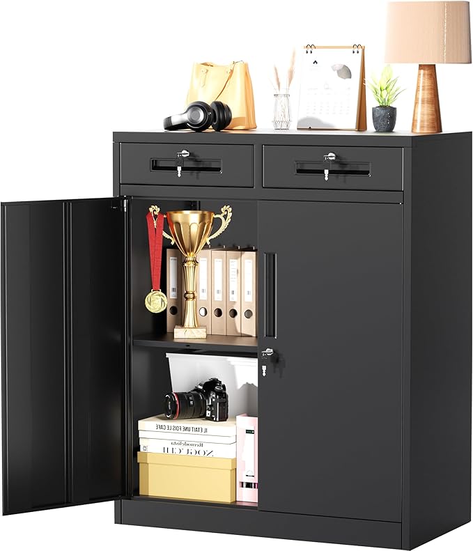 Greenvelly Metal Storage Cabinet with 2 Drawers,36" Black Lockable Metal Cabinets with Doors and Shelves, Steel File Cabinet with Lock for Home Office, Garage, School, Apartment,Warehouse