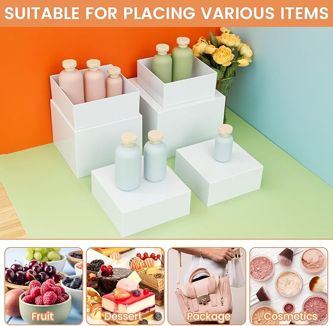 6PCS Buffet Risers, Food Risers for Buffet Table, Acrylic White Buffet Risers and Stands for Food Display, Party Catering Dessert Collectibles, Cube Boxes Display(Size 6.9", 7.7", 8", 9")
