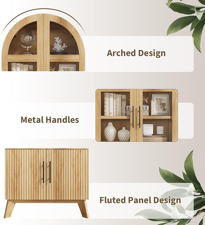71" Modern Fluted Display Cabinet with Glass Door, Arched Curio Cabinet with Adjustable Shelf, Bookcase for Collectibles Books, Storage Cabinet for Living Room, Dining Room, Natural Oak