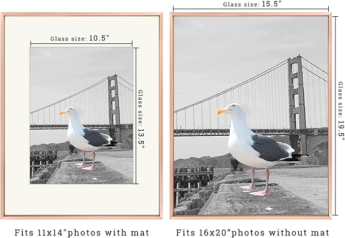 Frametory, 16x20 Metal Picture Frame with Mat for 11x14 Picture & Real Glass, Aluminum Photo Frame Collection (Rose Gold, 1 Pack)