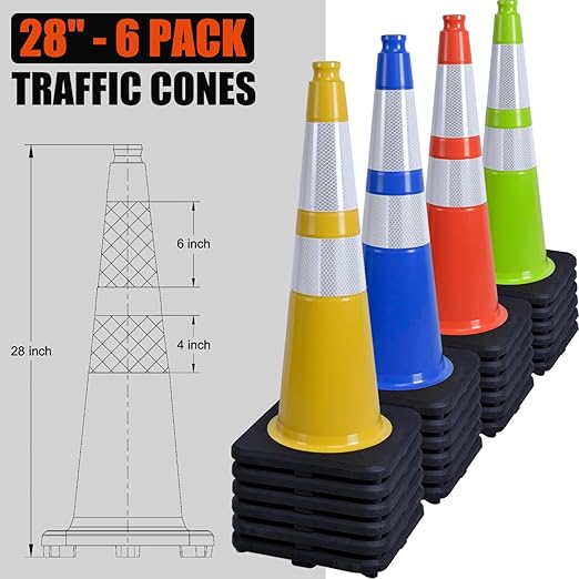 Fluorescent Orange PVC Traffic Cones, Heavy-Duty Black Base Garage Parking Lot Cone Structurally Stable Weatherproof Road Construction Safety Cones (4, Orange, 28" Large)