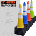 Fluorescent Orange PVC Traffic Cones, Heavy-Duty Black Base Garage Parking Lot Cone Structurally Stable Weatherproof Road Construction Safety Cones (4, Orange, 28" Large)