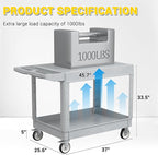 Heavy Duty Plastic Utility Cart with Wheels, Rolling Flatbed Tool Cart on Wheels, Service Cart for Garage, Warehouse, Workshop, Office, Cleaning (Gray-45.7 inch)