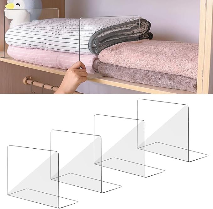 OKPOW Acrylic Shelf Dividers for Closet Organization: 4 Pack Tall Durable Clear Shelves Separators for Clothing Adjustable
