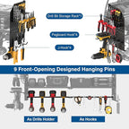 JUNNUJ Large Power Tool Organizer Wall Mount with Charging Station. Garage 8 Drill Holder Tools Battery Storage Shelf, Heavy Duty Utility Storage Rack Built in 8 Outlet 3 USB 10 FT Power Strip
