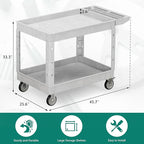 Heavy Duty Utility Rolling Tool Cart, 550 lbs Capacity Plastic Rolling Carts with 360°Swivel Wheels, 40 x 25 Inch Service Cart, 2 Shelf Work Cart for Warehouse,Garage, Cleaning, Grey