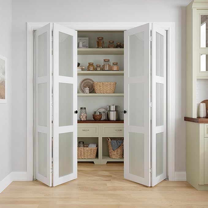 Bifold Doors for 64" x 80-3/4" Opening, 3-lite Tempered Frosted Glass Closet Folding Doors with Hardware kit Included, Easy Assembly, White