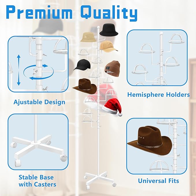 Montex Freestanding Hat Rack Stand, Metal Hat Organizer Rack with 15 Customisable Circular Hooks, Hats Tree Stand Floor Standing Hat Display, White