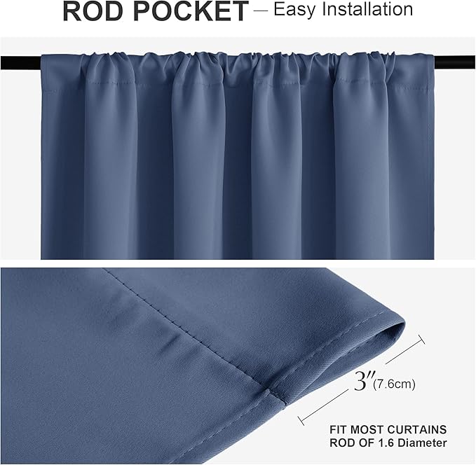 PONY DANCE Blackout Window Curtains - Blue Haze Drapes Rod Pocket Thermal Panels Solid Short Curtain Shades Light Block for Kitchen/Bathroom/Bedroom, 42 inch Wide by 45 in Long, 2 PCs