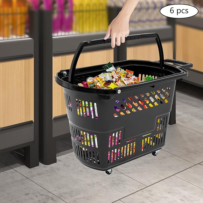 6PCS Shopping Carts,35L Shopping Basket with Wheels and Handle,Portable Plastic Rolling Sho-pping Basket for Retail Store (Black)