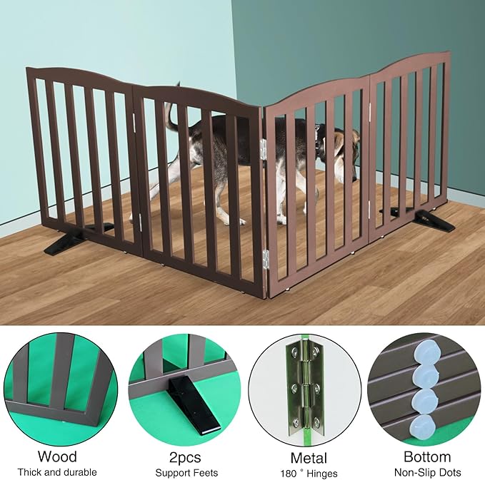 Freestanding Dog Gate Indoor,Doggie Gate Foldable Pet Gates for Doorways,Stairs or Hallways, Wooden Brown Pet Gate for The House, Pet Fence with Support Feet Included,32 "Height-4 Panels