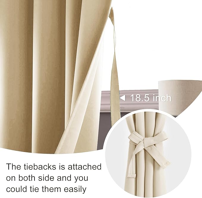 JIUZHEN Blackout Curtains for Bedroom - Thermal Insulated Noise Reducing Privacy Short Curtain for Living Room, Set of 2 Panels with Tiebacks, 38 x 54 inches Long,Light Beige