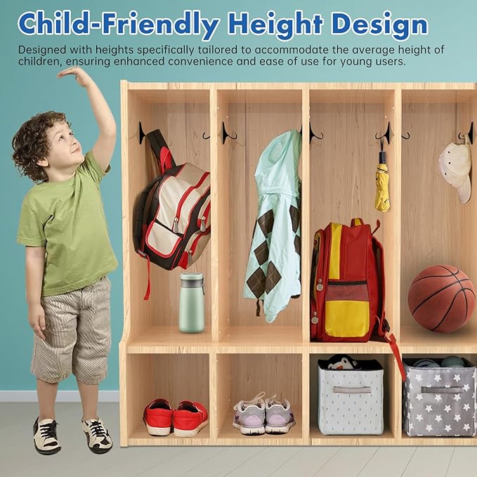 TONGMO Kid's Coat Locker with Bench - 4-Section Toddler-Sized Natural Kids Furniture for Organized Storage (4-Section)
