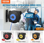VEVOR Retractable Extension Cord Reel, 50 FT, Heavy Duty 14AWG/3C SJTOW Extension Power Cord with Lighted Triple Tap Outlet, 13A Circuit Breaker 180° Swivel Bracket for Ceiling or Wall Mount, Blue