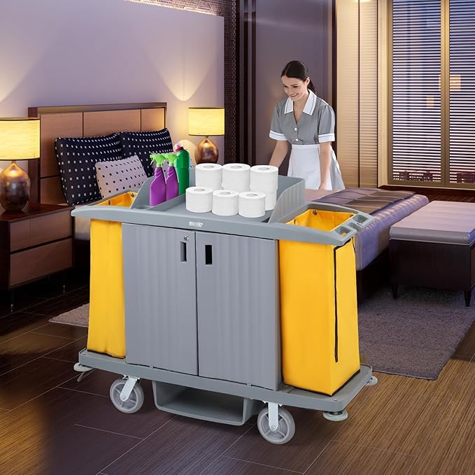266LBS Premium Hotel & Housekeeping Cart with Door on Wheels, Multifunctional Commercial Cleaning Cart with Large Capacity Vingyl Bags, Comfor Grip Handles and Easy Move Casters, Gray