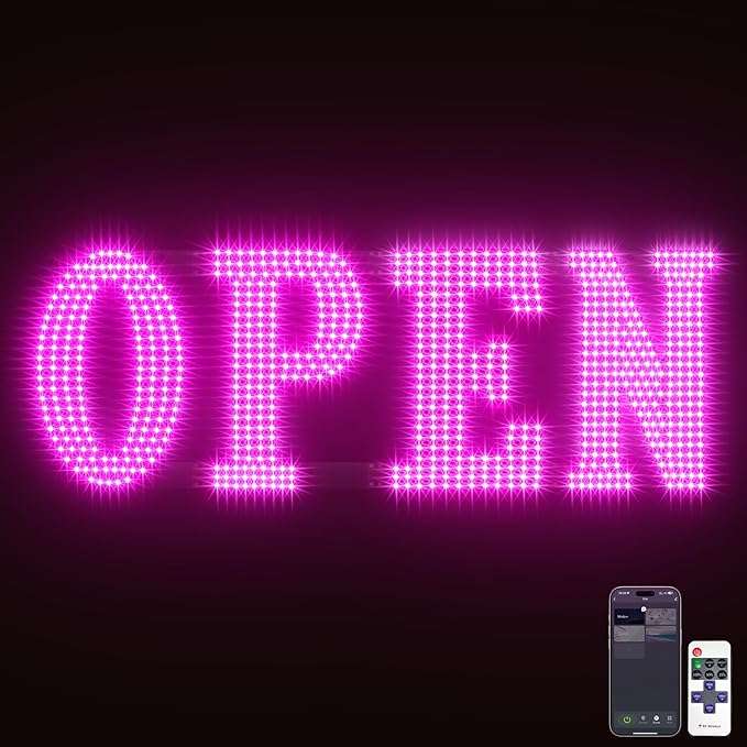 40"x14" Large LED Open Sign with Bluetooth Remote Control Super Bright Dimmable Business Open Sign for Storefront Window Bar Salon Cafes Retail Shops Pink