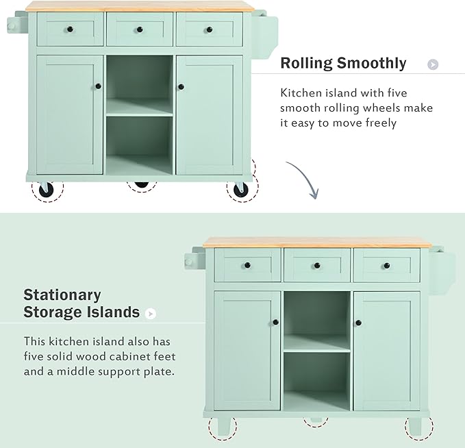 Rolling Kitchen Island with 2 Bar Stools, Drop Leaf, Cabinet Door Storage Racks & 3 Drawers, Mobile Kitchen Cart with Rubberwood Top & Locking Wheels for Dining Room & Kitchen, 53-Inch, Mint Green