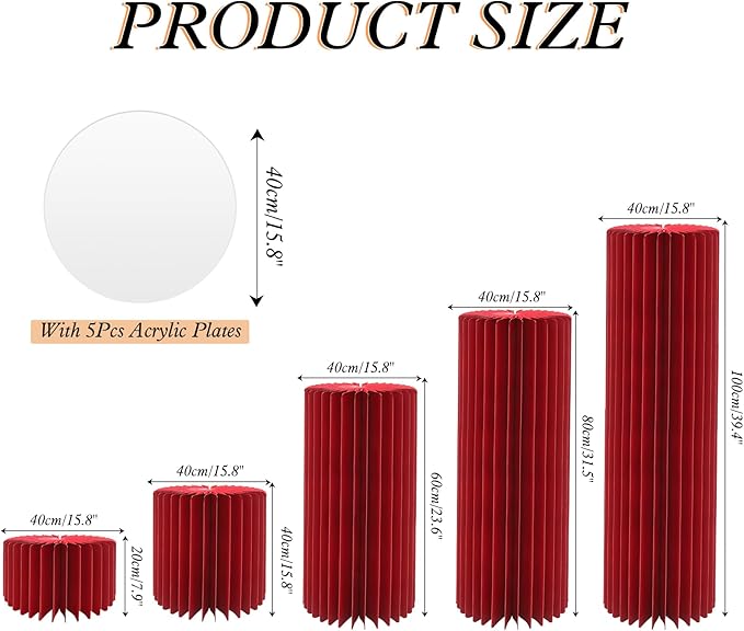 magalo Cylinder Stands for Party 5PCS Foldable Cardboard Columns Round Display Pedestal Stand Cylinder Tables for Wedding Birthday Baby Shower Dessert Cake Decoration-Red