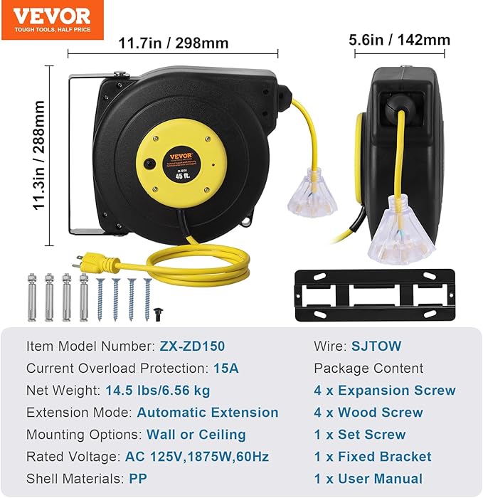 VEVOR Retractable Extension Cord Reel, 45 FT, Heavy Duty 12AWG/3C SJTOW Extension Power Cord with Lighted Triple Tap Outlet, 15A Circuit Breaker 180° Swivel Bracket for Ceiling or Wall Mount, Yellow