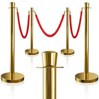 4PCS Top Crown Decoration Gold Stanchions Posts with 3PCS 5 ft Red Velvet Rope, Red Velvet Rope Stanchion Set Crowd Control Barriers, Stanchions and Velvet Ropes Red Carpet Poles for Party Supplies