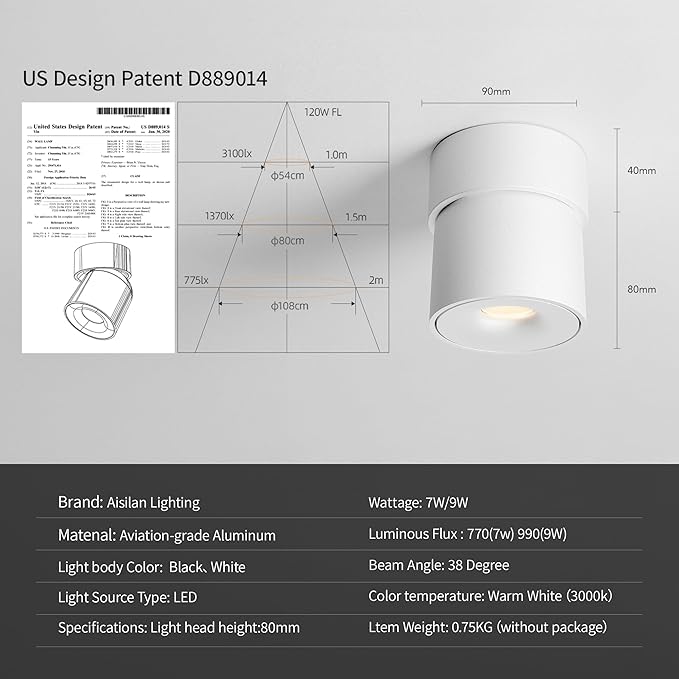 Aisilan LED Ceiling Spotlight Indoor Dimmable 2 Pack, 7W White Directional Accent Light, Adjustable Modern Wall Spot Light, Warm White CRI 97, for Living Room Bedroom (Install Upgrade)