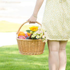 Wicker Picnic Basket with Double Folding Handles, Natural Large Willow Hamper Empty Basket Cheap Easter Eggs Candy Storage Wine Basket for Toy, Flower, Wedding（White 16inch）