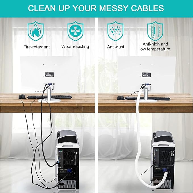 6.6ft - 4/5 inch Gold Cable Sleeve, Cable Organizer for Desk PC TV Computer, Wire Protector Cable Wrap Cover, Cord Management for Home Office