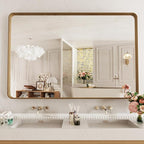 LOAAO 50X30 Inch Bathroom Mirror with Wood Grain Colored Metal Frame, Rounded Rectangle Metal Framed Bathroom Mirror, Anti-Rust, Hangs Horizontally or Vertically, Tempered Glass