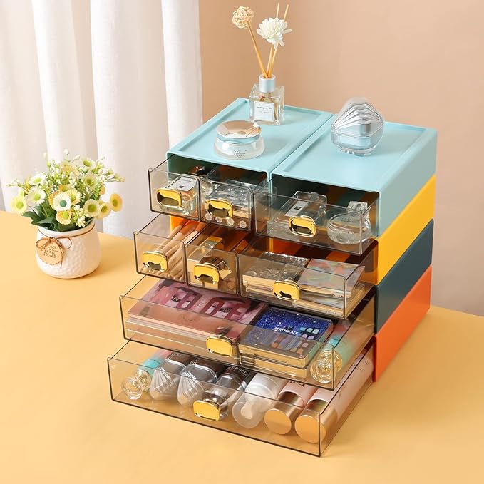 Spacious Desktop Storage Box, 2 Large Storage Drawers, Stackable Office Desk Drawer Organizer and Accessories, Printer Paper Organizer, Orange & Yellow Plastic Drawers for Workspace & Home