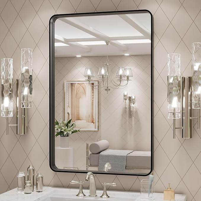 LOAAO 24X30 Inch Black Metal Framed Bathroom Mirror for Wall, Matte Black Bathroom Vanity Mirror Farmhouse, Large Rounded Rectangle Mirror, Anti-Rust, Hangs Horizontally or Vertically
