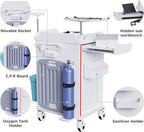 Medical Storage Crash Cart with Wheels - IV Pole, Silent Casters, Drawers with Dividers, Needle Disposal Holder, Trash Bin, O2 Holder, Emergency Mobile Cart for Clinic, Hospital, Nursing Center