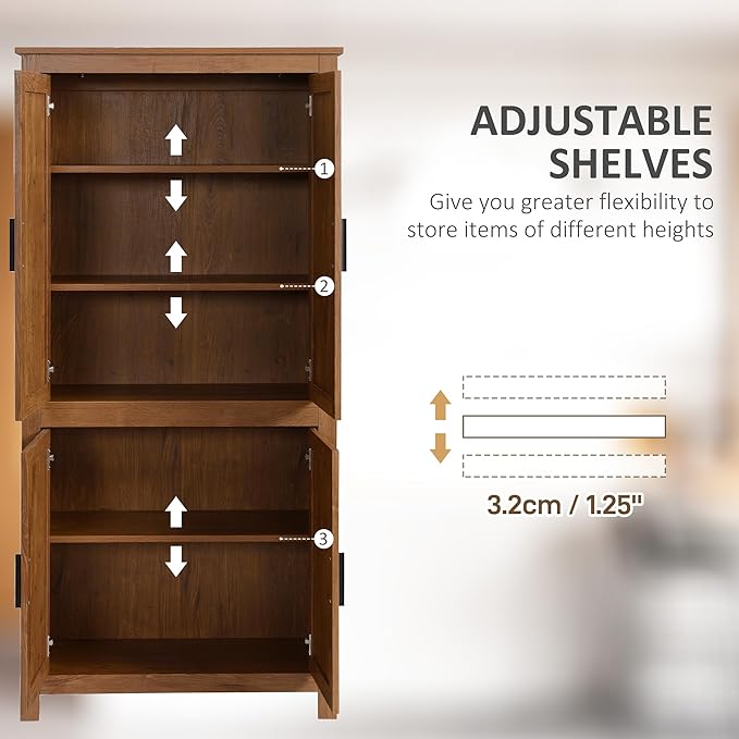 HOMCOM 64" Kitchen Pantry Cabinet, Freestanding Storage Cabinet with 4 Doors and 3 Adjustable Shelves for Dining Room, Oak