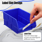 Maitys Wall Mounted Storage Bins Plastic Hanging Stackable Storage Parts Garage Tool Organizer for Screws, Nuts, Bolts, Nails, and Small Hardware Parts, 16x Bins & 4 x Rails(Blue)