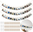Hanging Photo Display Wall Decor with 45 Wood Clips, YuanDe 67 Inches Boho Wooden Bead Garland Collage Picture Frame Photos String DIY, Photo Hanger for Bedroom Office Dorm Room Decor Gifts(3PCS)