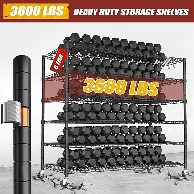PrimeZone 6 Tier 80.7" H x 55.5" W x 24" D Wire Shelving with Wheels 3600lbs NSF Certified Storage Shelves Heavy Duty Metal Shelf Adjustable Rolling Rack Commercial Garage Restaurant Warehouse 6Pack