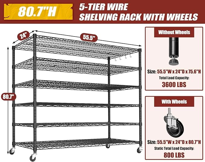 PrimeZone 6 Tier 80.7" H x 55.5" W x 24" D Wire Shelving with Wheels 3600lbs NSF Certified Storage Shelves Heavy Duty Metal Shelf Adjustable Rolling Rack Commercial Garage Restaurant Warehouse 6Pack