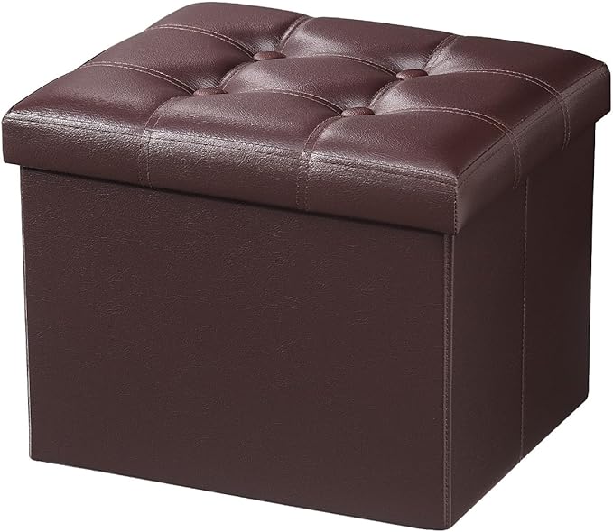 AmasSmile Storage Ottoman Folding Foot Rest Stool, Leather Footstool Bench, Short Ottoman Stool, Storage Foot Rest Store, Books (Brown, 17" D x 13" W x 13" H)