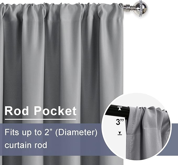 JIUZHEN Blackout Curtains for Bedroom Rod Pocket Thermal Insulated Room Darkening Curtains for Living Room, Set of 2 Panels with Tiebacks, 38 x 54 Inch Length, Light Grey