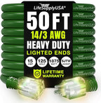 50ft Outdoor/Indoor Extension Cord 14/3 Gauge Heavy Duty 3 Prong SJTW, Waterproof, Flexible Cold-Resistant Long Power Cord,15A 125V 1875W, Green by LifeSupplyUSA