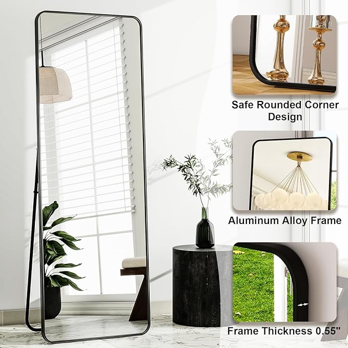 HARRITPURE 56"x21" Full Length Mirror, Black Rounded Corner Aluminum Frame Floor Standing Mirror Hanging/Leaning Wall for Living Room Bedroom Cloakroom