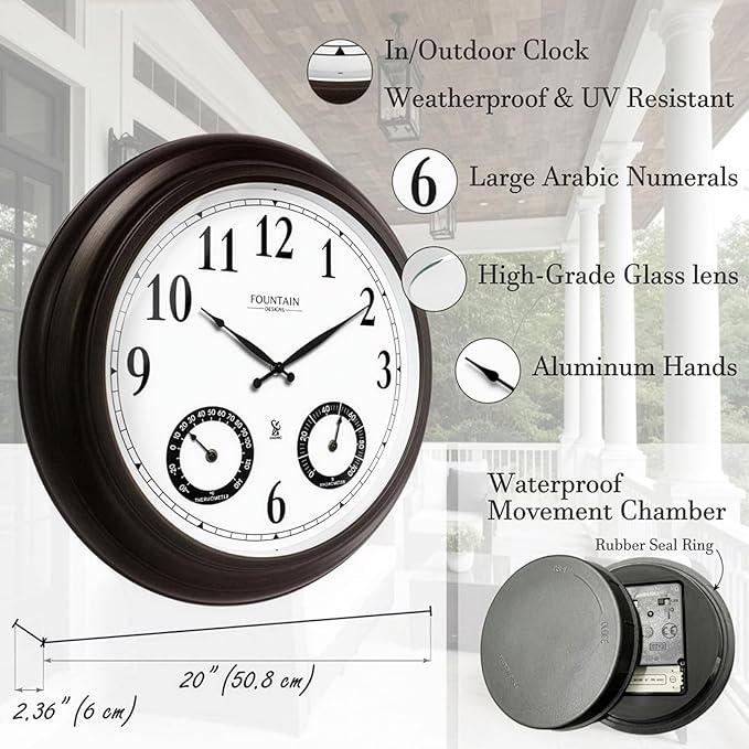 20" Evander Large Outdoor Atomic Wall Clock with Temperature & Humidity, Waterproof Outdoor Clock Thermometer Combo for Patio, Pool and Garden Decor,Oil Rubbed Bronze Black