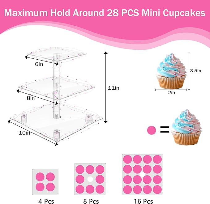 YestBuy 3 Tier Square Cupcake Stand - Premium Cupcake Holder - Acrylic Cupcake Tower Display - 3 Tier Acrylic Display for Pastry + LED Light String - Ideal for Weddings, Birthday Parties( Pink Light)