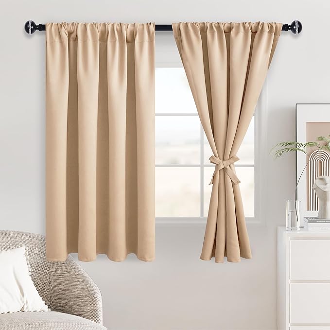 JIUZHEN Blackout Curtains for Bedroom - Thermal Insulated Room Darkening Noise Reducing, 52 x 45 Inch Length Curtains for Living Room, Set of 2 Panels with Tiebacks, Beige