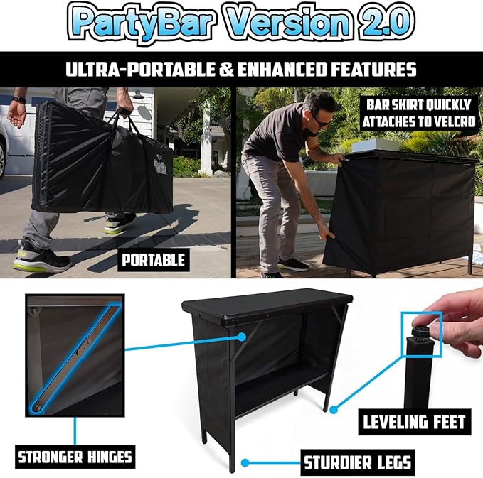 PartyLife New & Improved Portable Bar Table w/LED Lights, Wireless Remote, Folding Legs, 2 Bar Skirts, Heavy-Duty Storage Shelf & Carrying Case - Custom