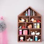 House Shaped Wooden Shadow Cubby Box 10 W x 2 1/4 D x 15 H Hanging Display Shelf Organizer Wall Mounted Curio Cabinet Wooden Display Case Miniature Shelf for Figures(Brown)