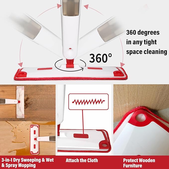 Mop for Floor Cleaning, Professional 18 Inch Washable Reusable 3 Pads Refills and Refillable Spray Bottle for Easy Wet Dry Mopping, Dust Flat Mops for Hardwood Laminate Tile
