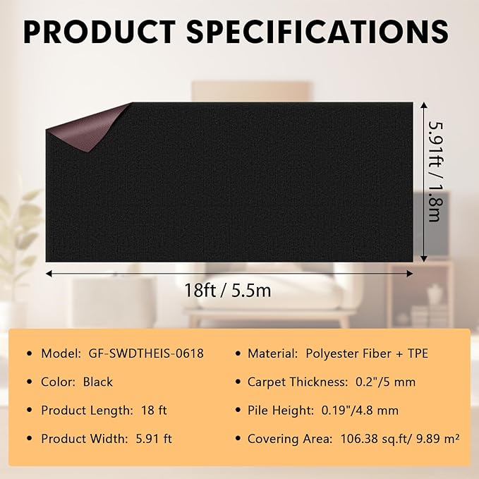 Marine Carpet - 6 FT x 18 FT Black Indoor/Outdoor Carpet, 0.2" Thick, Water-Proof TPE Backing, Non-Slide for Home, Patio, Porch, Deck