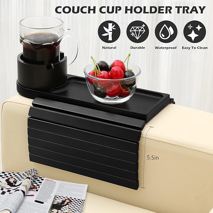 Couch Cup Holder Tray, 15.75" Bamboo Cup Holder for Couch, 3 in 1 Foldable Arm Chair Clip on Side Tray Table for Remote Snack Table on Armrest