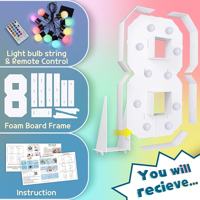 imprsv 4FT Colorful Marquee Numbers,18 Colors with Remote, Light Up Numbers 8 for 18th 80th Birthday Decorations Anniversary Party Decor, Pre-Cut Foam Board Kit, Mosaic Sign for Balloon
