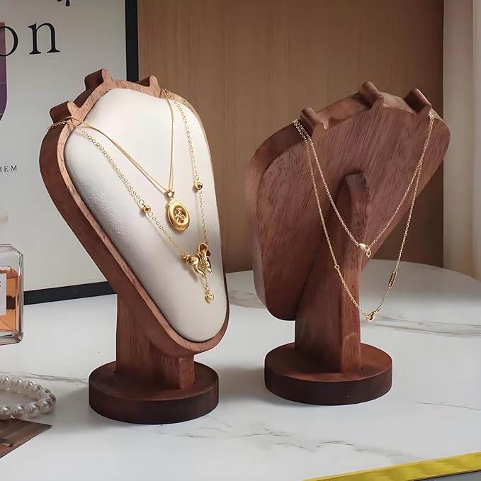 Walnut Color Body Wood Necklace Display Stand with Beige Flannelette Soft Mat Necklace Holder Organizer Desktop Stand for Home Store Dresser-3.3"x5.8"x8.4"